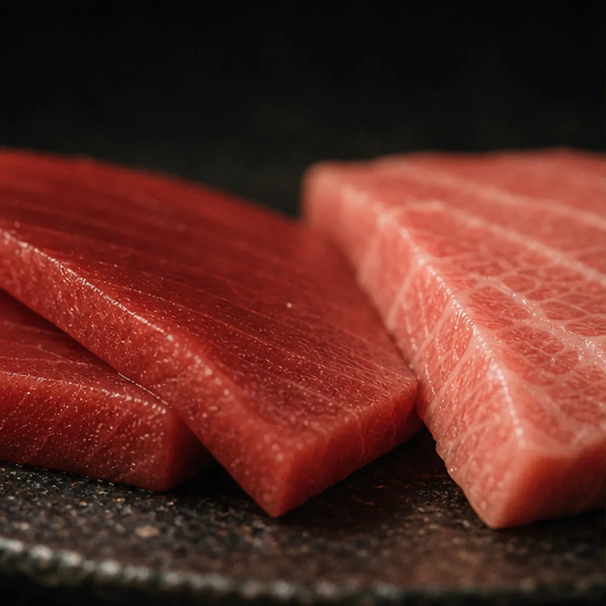 Akami, chūtoro and otoro cuts of bluefin tuna