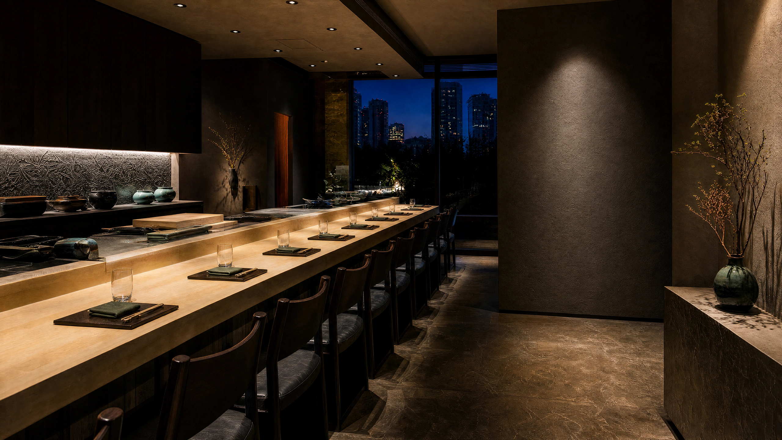 Wide view of the fictional OMAKASE twelve-seat counter