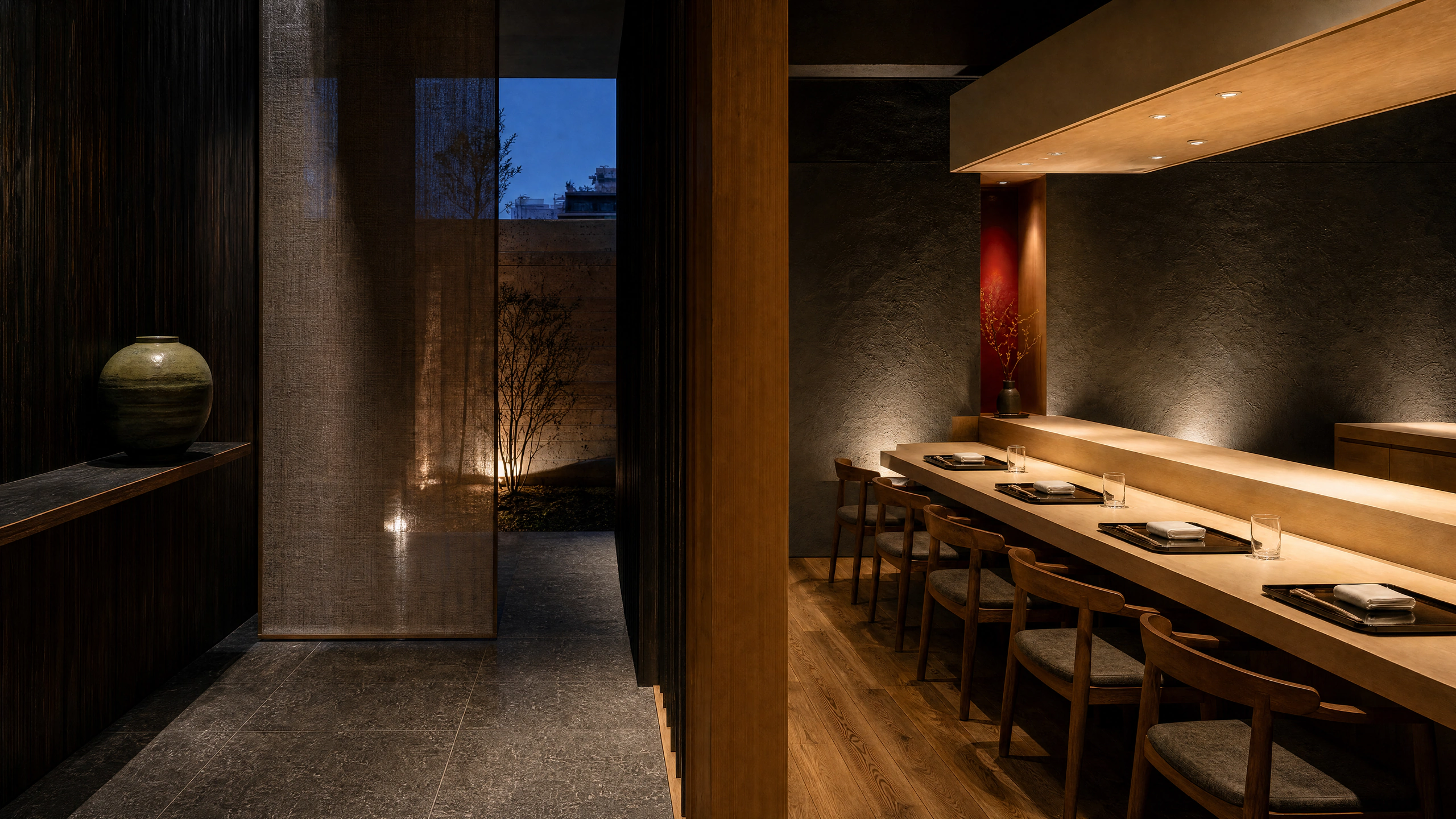 Arrival and counter of the fictional six-seat private room